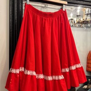 Vintage Red Circle Skirt with Lace Trim